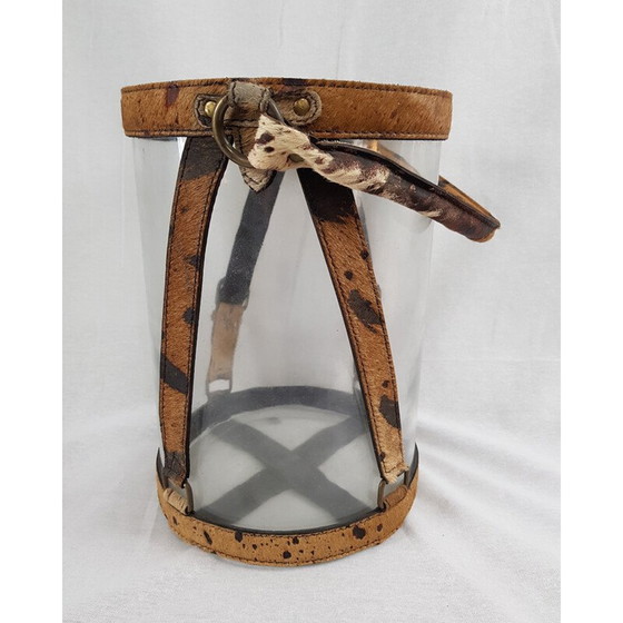 Image 1 of Seau à champagne vintage en verre, cuir et laiton par Poulain Piqué Sellier, 1930