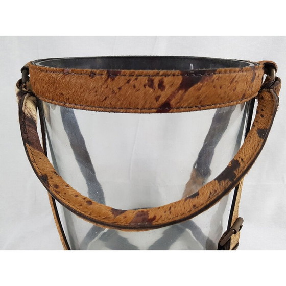 Image 1 of Seau à champagne vintage en verre, cuir et laiton par Poulain Piqué Sellier, 1930