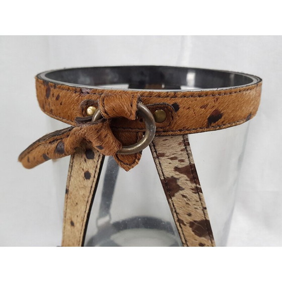 Image 1 of Seau à champagne vintage en verre, cuir et laiton par Poulain Piqué Sellier, 1930