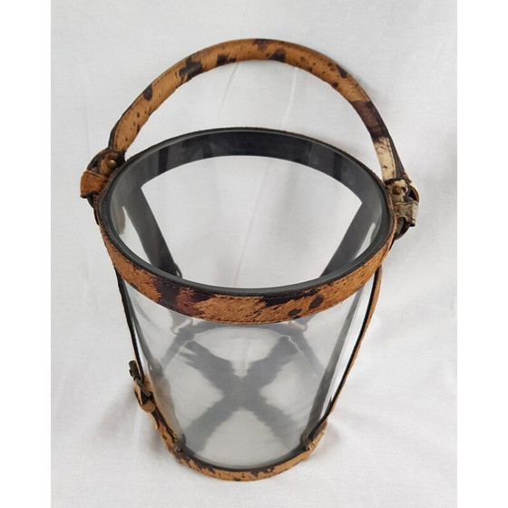 Image 1 of Seau à champagne vintage en verre, cuir et laiton par Poulain Piqué Sellier, 1930