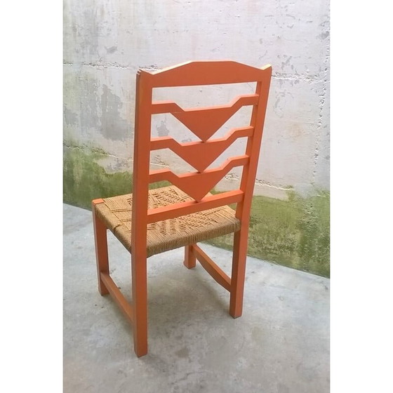Image 1 of Chaise orange futuriste italienne en bois et paille - années 1930