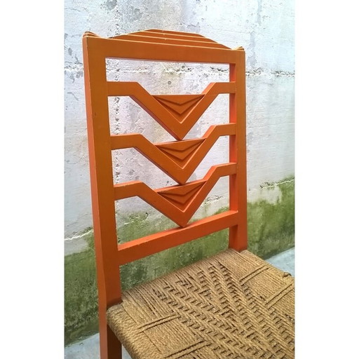 Chaise orange futuriste italienne en bois et paille - années 1930