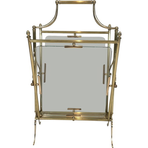 Porte-revues vintage en laiton et verre transparent par Maison Jansen, 1940