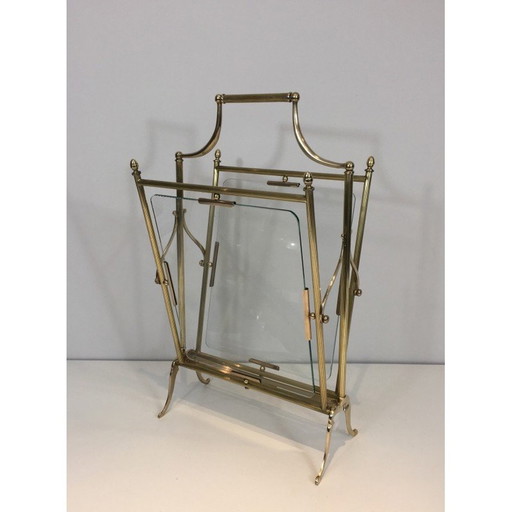 Porte-revues vintage en laiton et verre transparent par Maison Jansen, 1940