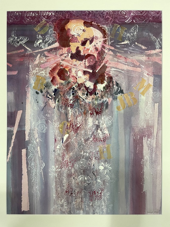 Image 1 of Aquarelle : Bouquet avec papillons, dans un cadre or mat.