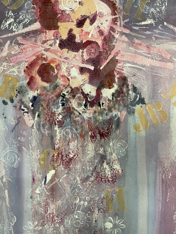 Image 1 of Aquarelle : Bouquet avec papillons, dans un cadre or mat.