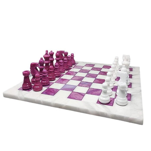 1970S Superbe jeu d'échecs rose et blanc en albâtre de Volterra fait à la main en Italie