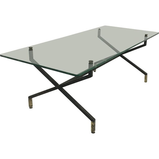 Table basse vintage en métal et verre, 1950