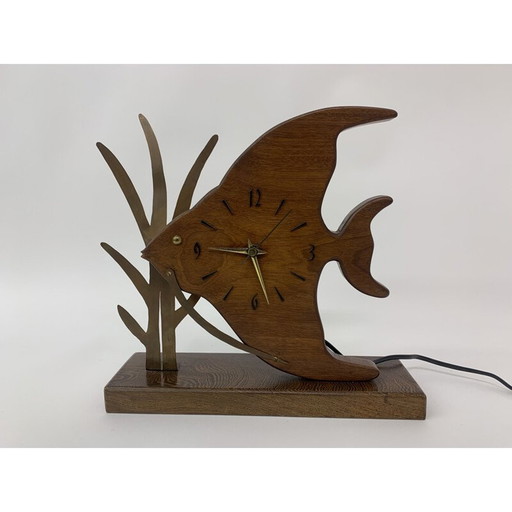 Horloge vintage Nufa en teck et poissons avec détails en laiton, 1960
