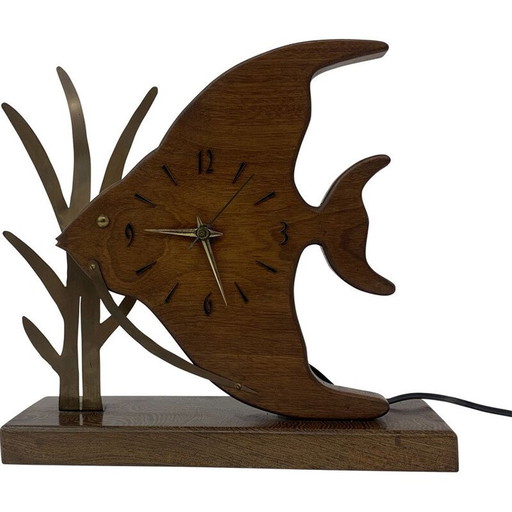 Horloge vintage Nufa en teck et poissons avec détails en laiton, 1960
