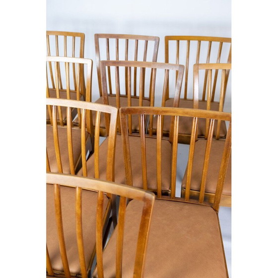 Image 1 of Ensemble de 10 chaises vintage en bois clair et recouvertes de cuir cognac 1940s