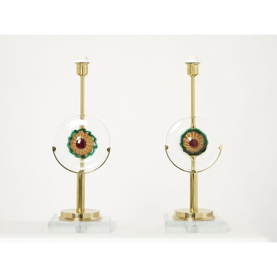 Image 1 of Paire de lampes vintage en verre de Murano et laiton, Italie 1970