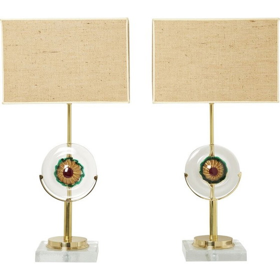 Image 1 of Paire de lampes vintage en verre de Murano et laiton, Italie 1970