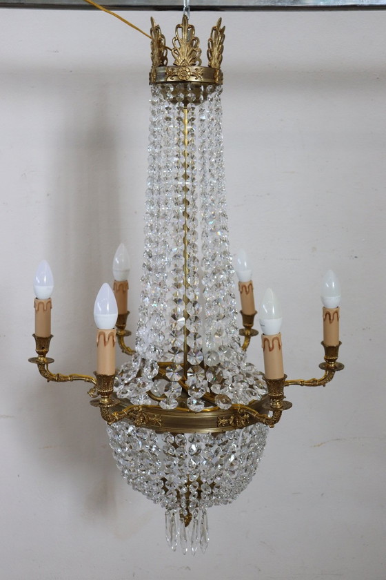 Image 1 of Lustre en bronze antique et cristal avec 10 ampoules