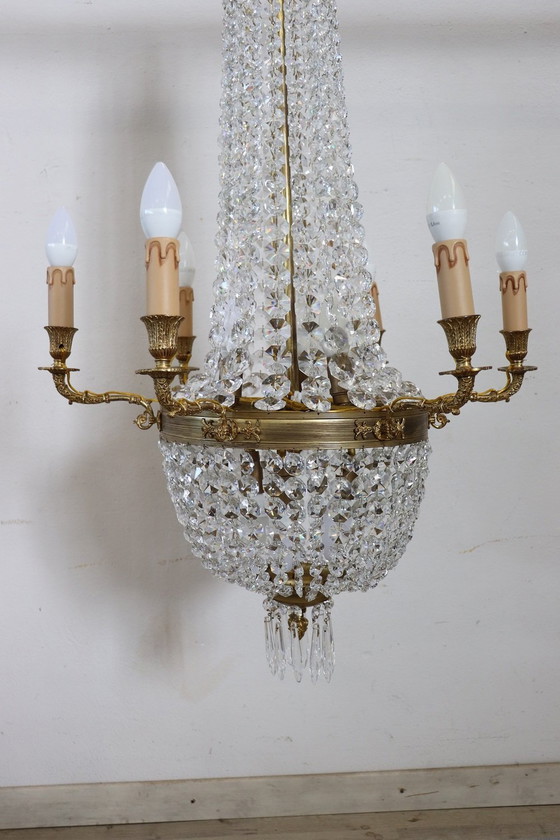 Image 1 of Lustre en bronze antique et cristal avec 10 ampoules