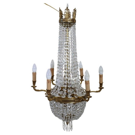 Lustre en bronze antique et cristal avec 10 ampoules