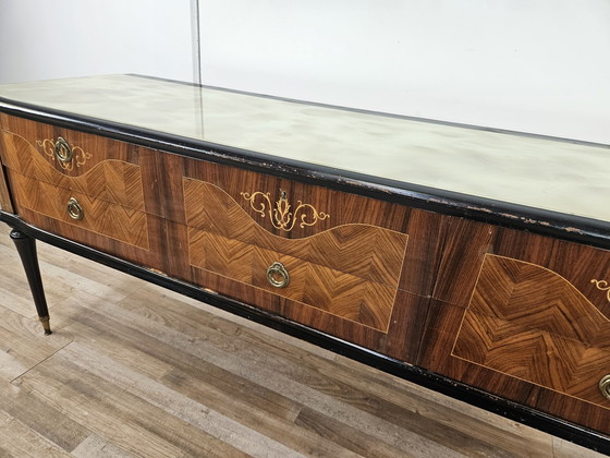 Image 1 of 1960S Commode de chambre à coucher avec six tiroirs et dessus en verre