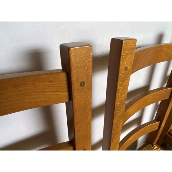 Image 1 of Ensemble de 4 chaises rustiques vintage en chêne massif et sièges en paille, 1950