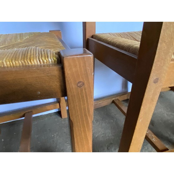 Image 1 of Ensemble de 4 chaises rustiques vintage en chêne massif et sièges en paille, 1950