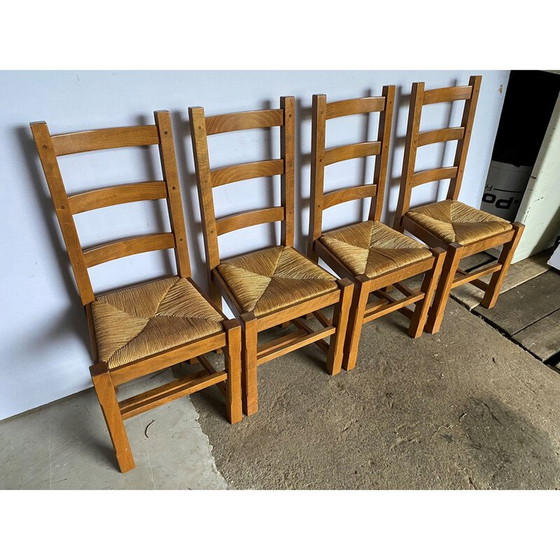Image 1 of Ensemble de 4 chaises rustiques vintage en chêne massif et sièges en paille, 1950