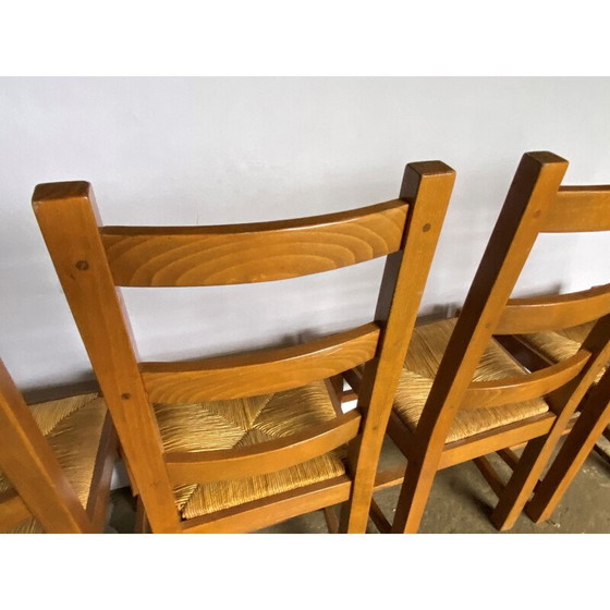 Image 1 of Ensemble de 4 chaises rustiques vintage en chêne massif et sièges en paille, 1950