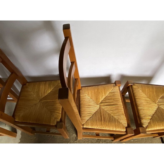 Image 1 of Ensemble de 4 chaises rustiques vintage en chêne massif et sièges en paille, 1950