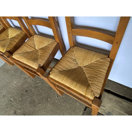 Image 1 of Ensemble de 4 chaises rustiques vintage en chêne massif et sièges en paille, 1950