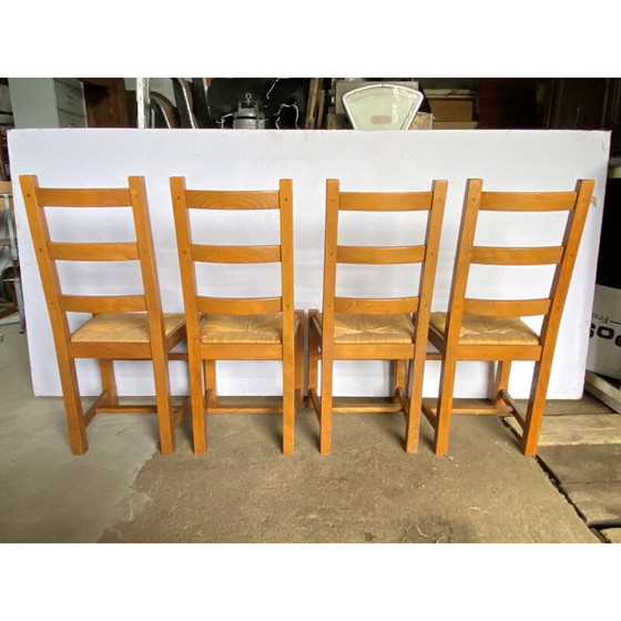Image 1 of Ensemble de 4 chaises rustiques vintage en chêne massif et sièges en paille, 1950