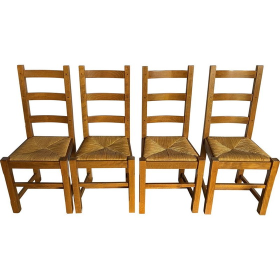 Image 1 of Ensemble de 4 chaises rustiques vintage en chêne massif et sièges en paille, 1950