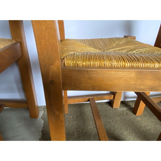 Image 1 of Ensemble de 4 chaises rustiques vintage en chêne massif et sièges en paille, 1950