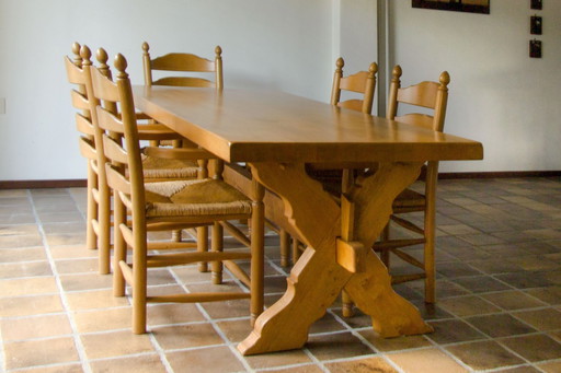 1X table en chêne massif + 5X fauteuils en chêne avec assise passepoilée