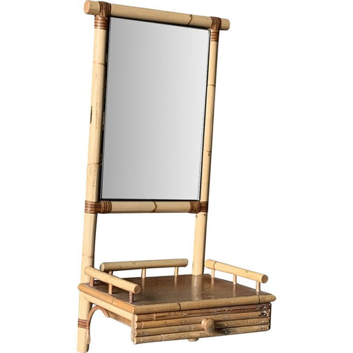 Miroir mural vintage avec 1 tiroir en rotin