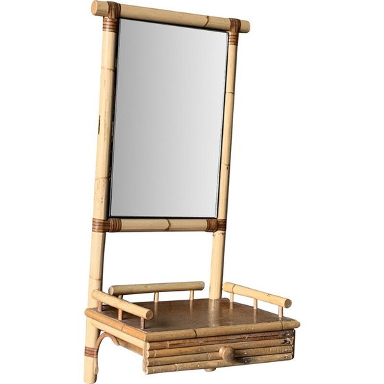Image 1 of Miroir mural vintage avec 1 tiroir en rotin