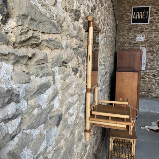 Miroir mural vintage avec 1 tiroir en rotin