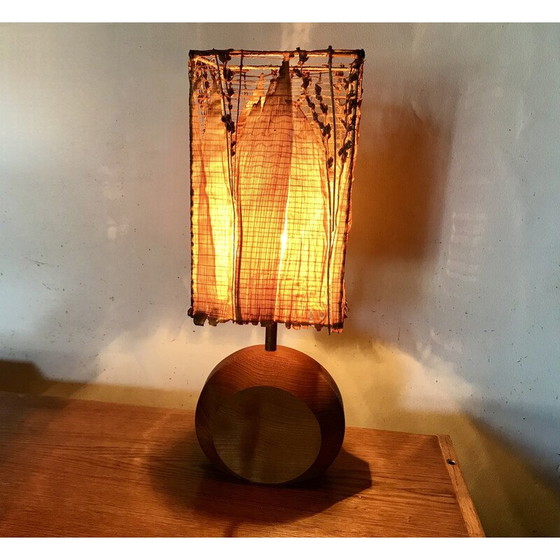 Image 1 of Lampe vintage en teck avec abat-jour en feuille de maïs, 1980