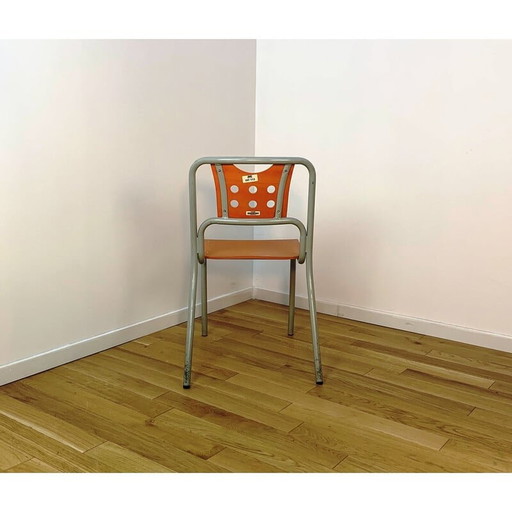 Chaise de collectivité vintage en métal teinté gris et bois