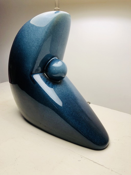 Lampe   Moderniste Années 1930/1950 En Céramique Bleu Irisé 