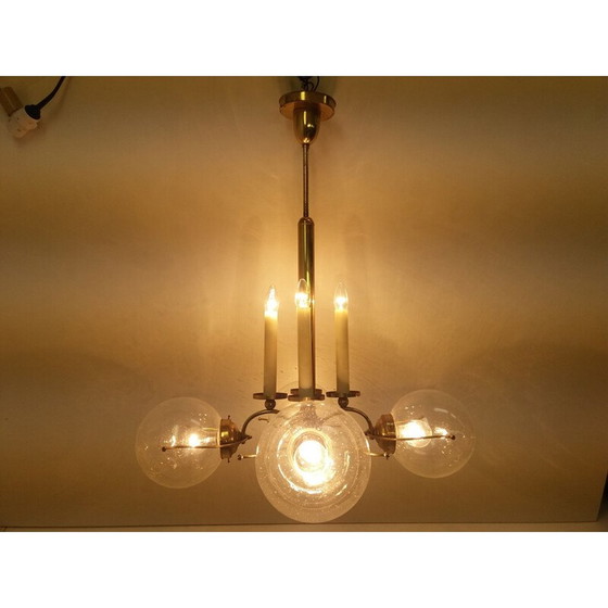Image 1 of Lustre vintage en laiton avec 4 abat-jour ronds transparents, Tchécoslovaquie 1940