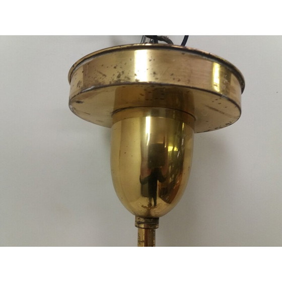 Image 1 of Lustre vintage en laiton avec 4 abat-jour ronds transparents, Tchécoslovaquie 1940