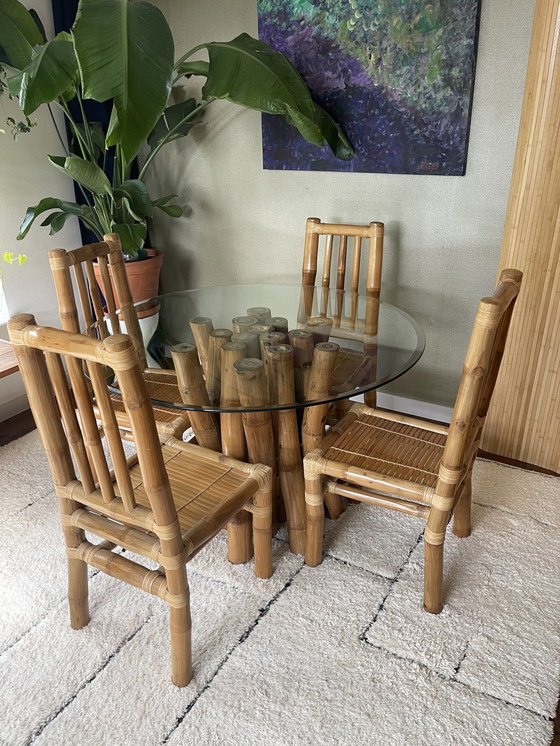 Image 1 of Ensemble de salle à manger vintage en bambou Boho - Table de salle à manger avec 4 chaises