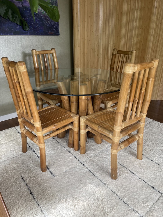 Image 1 of Ensemble de salle à manger vintage en bambou Boho - Table de salle à manger avec 4 chaises