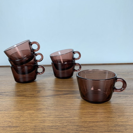 Set de 6 tasses à café en verre, violet, Vereco, 1970