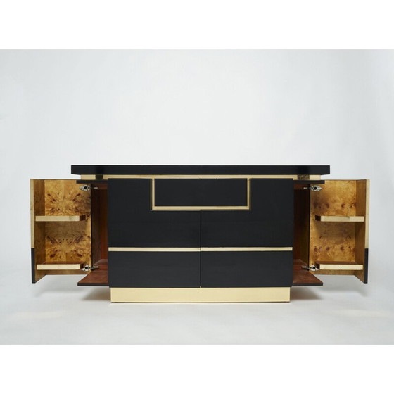 Image 1 of Buffet vintage en laque noire et laiton par Jean Claude Mahey pour Roche Bobois, 1970