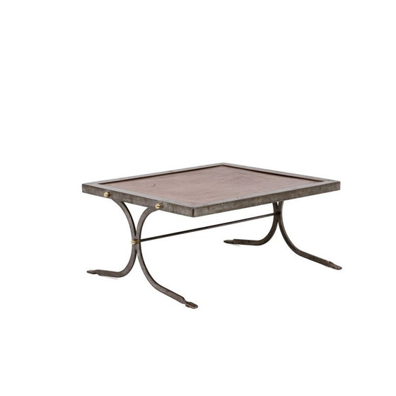 Image 1 of Table basse vintage en fer argenté et cuir, 1970