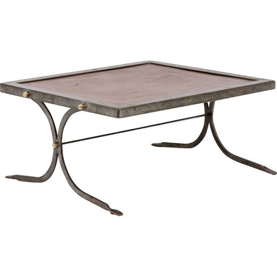 Image 1 of Table basse vintage en fer argenté et cuir, 1970