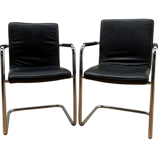 Chaise de bureau vintage en cuir noir et aluminium chromé