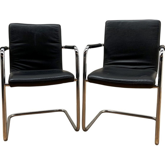 Image 1 of Chaise de bureau vintage en cuir noir et aluminium chromé