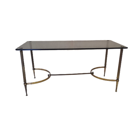 Image 1 of Table basse française avec plateau en verre fumé, années 1950