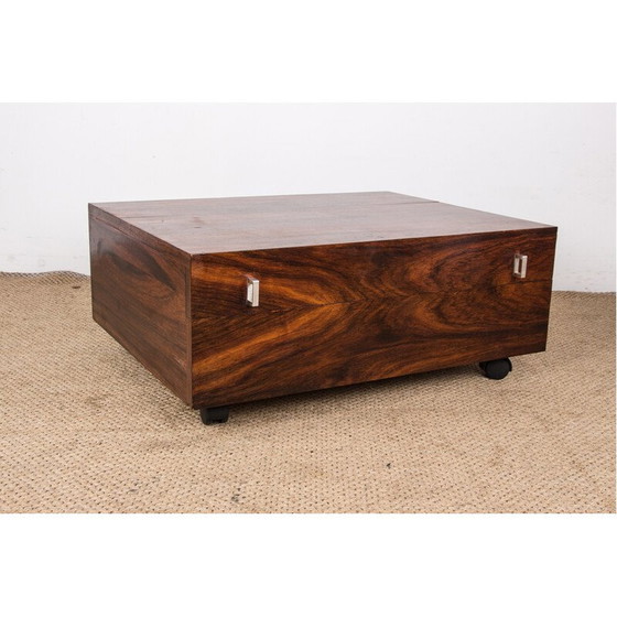 Image 1 of Table basse vintage à roulettes en bois de rose et métal chromé, Danemark 1960