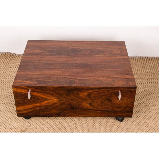 Image 1 of Table basse vintage à roulettes en bois de rose et métal chromé, Danemark 1960